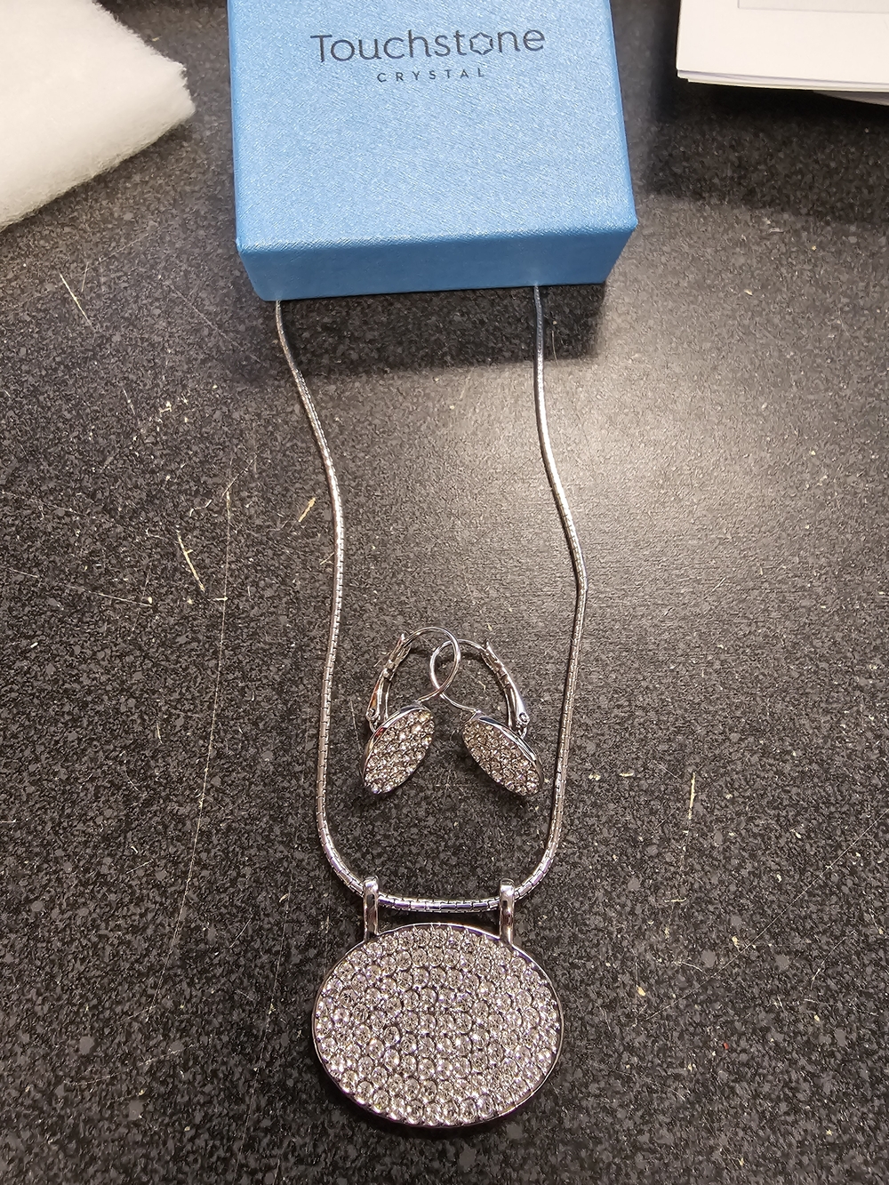 Touchstone Crystal Silver Pavé Oval Pendant Necklace and Earrings Set - Silver